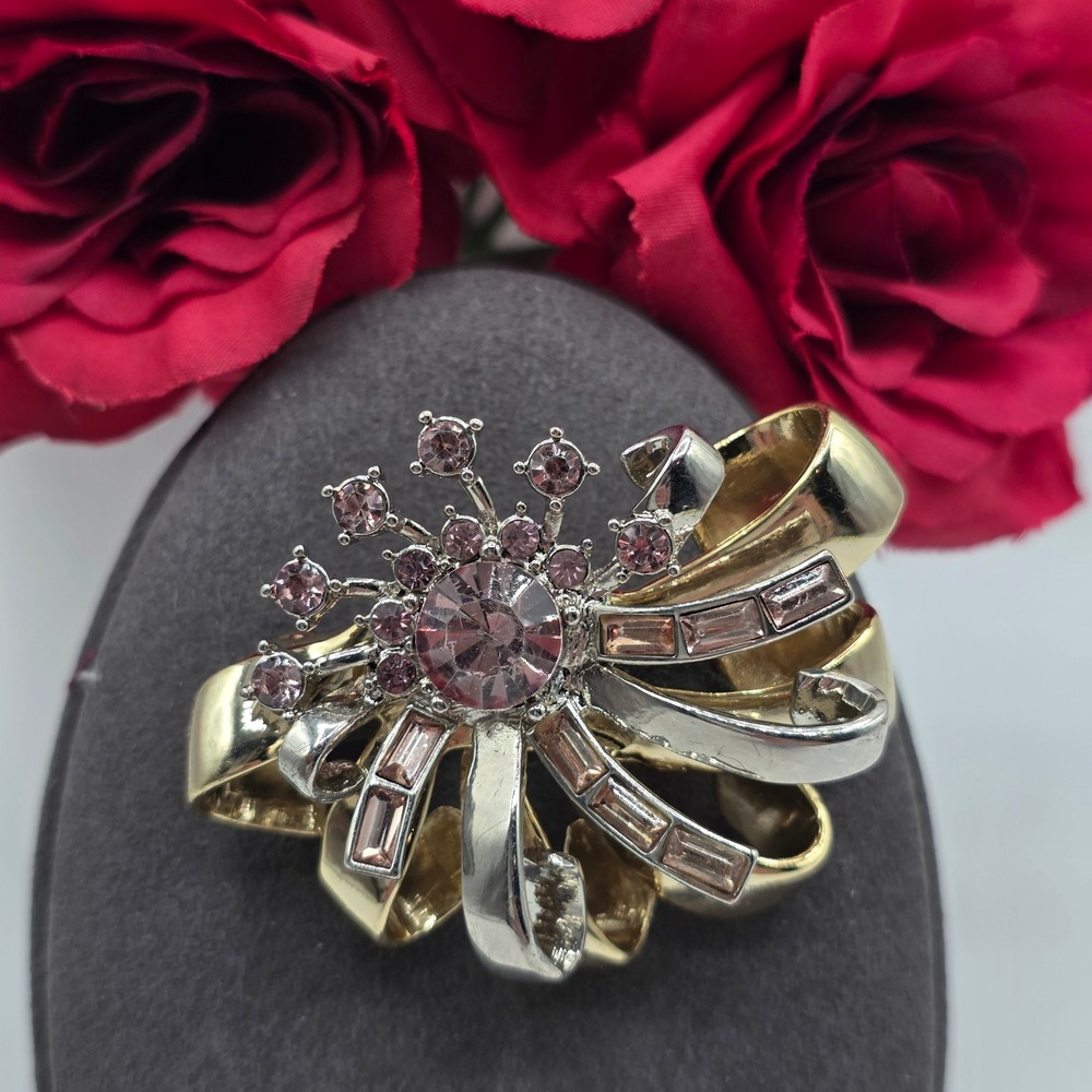 Vintage Two Tone Pink Rhinestone Ribbon Bow Brooch Gold Silver Sunburst Pin 2in